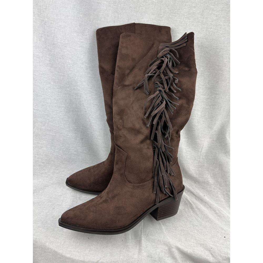 Universal Thread Womens 8 Brown Faux Suede Fringe Western Tall Boots Pointed Toe